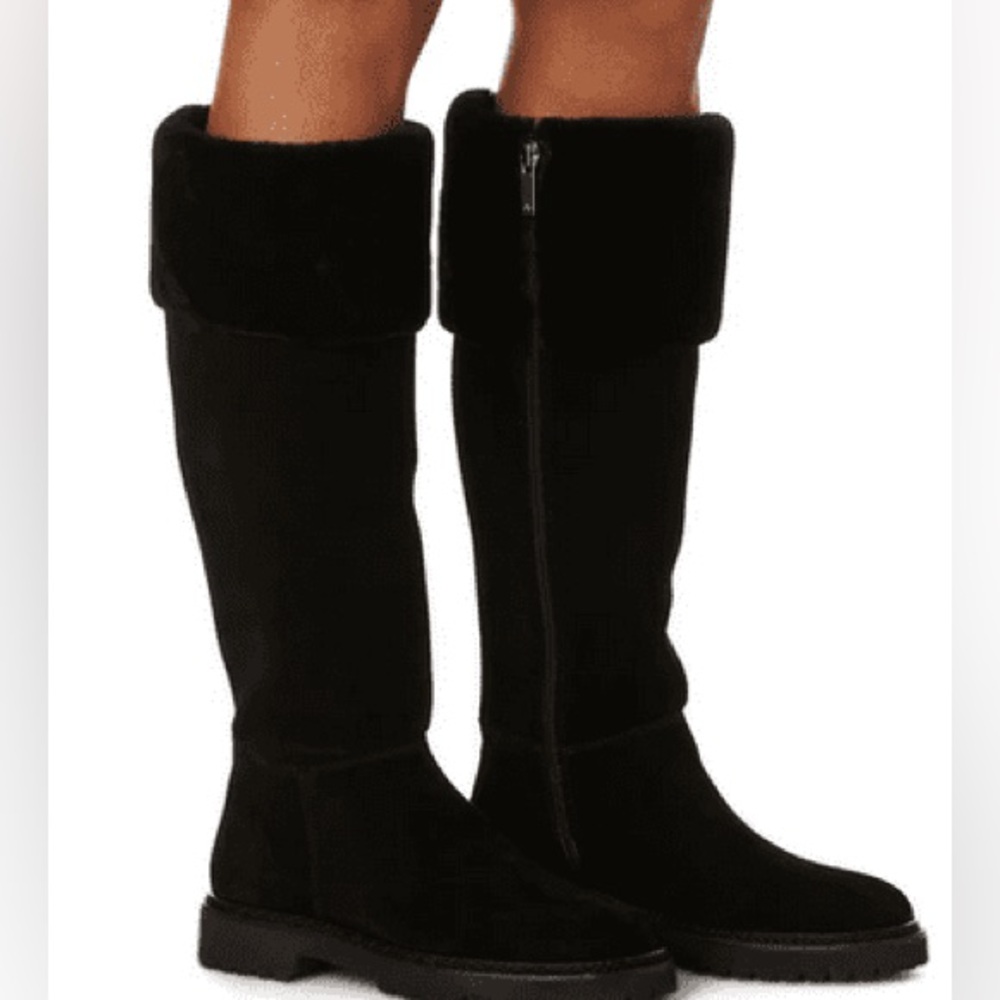 Progetto Quid Made in Italy Black Suede Fleece Lined Cuffed Knee High Boots 37